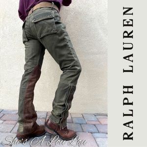 Ralph Lauren🐴 4 Button Fly|Leather Chaps|Olive Grn|Denim Equestrian Pants Sz 31